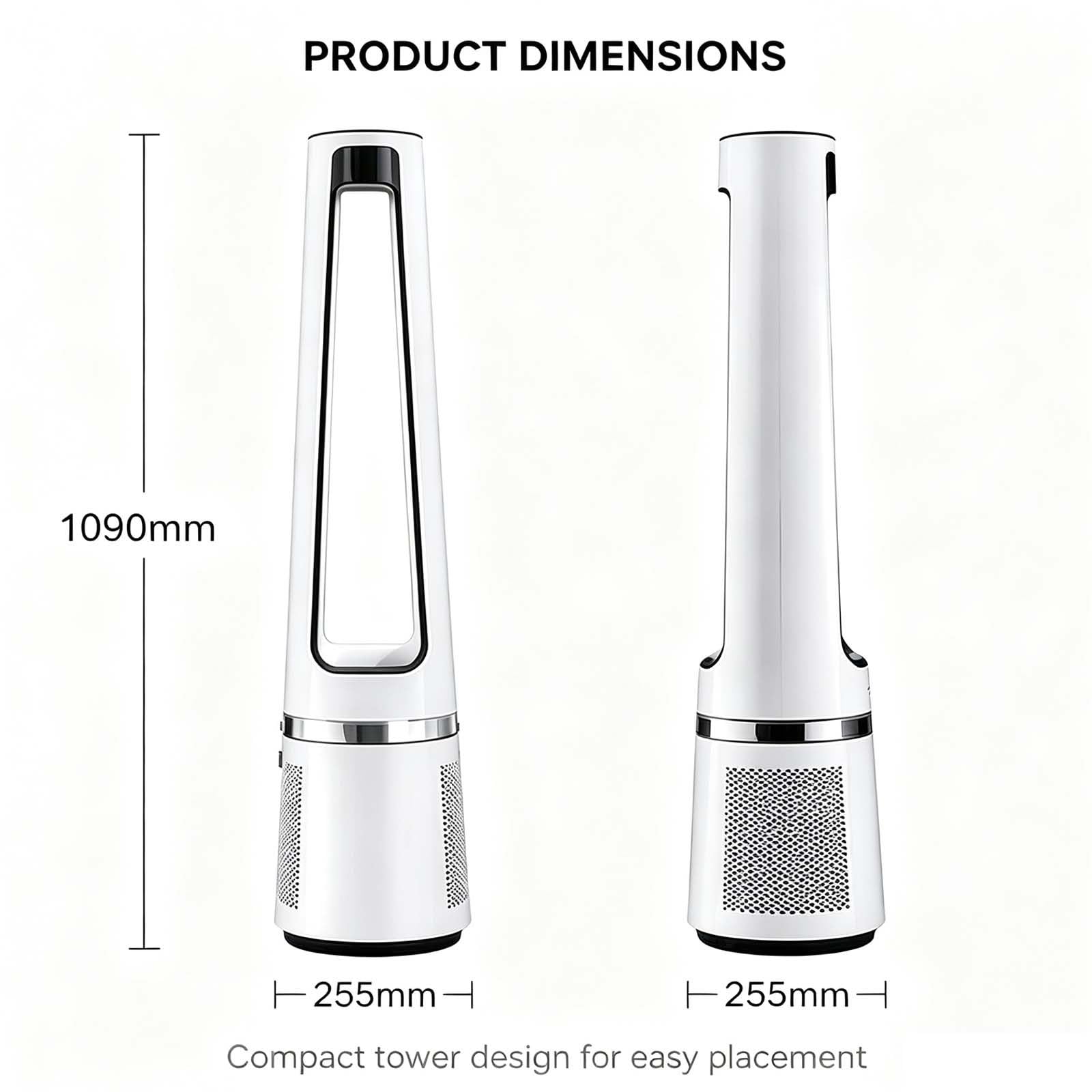 Ventilador de Torre sin aspas, silencioso, con 32 velocidades, oscilante de 90°, con Pantalla LED y Motor de CC, Ideal para Sala de Estar y Dormitorio. White