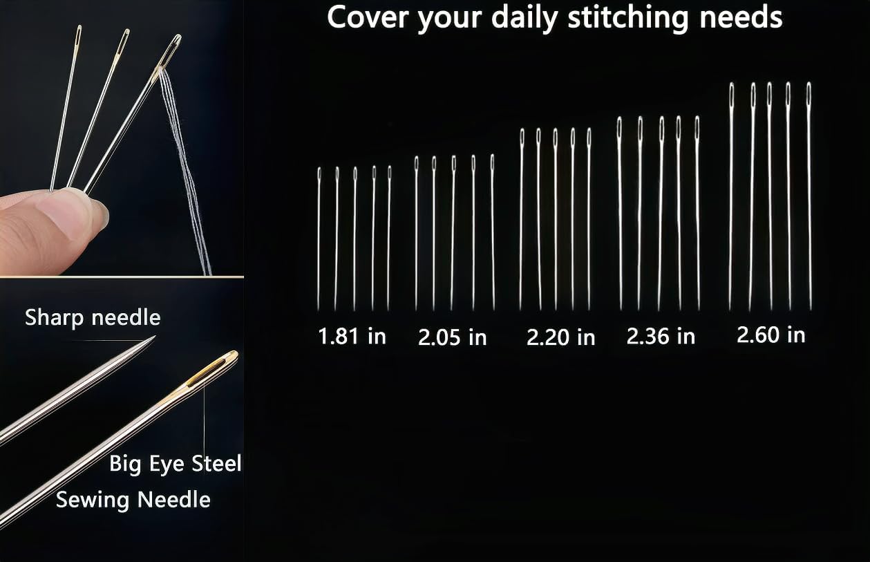 35PCS Large Eye Sewing Needles, Big Eye Steel Needle Set, Stainless Steel Needles for Hand Sewing, Stainless Steel Yarn Knitting Needle with Threader Thimble for Crafts, Repair Quilting