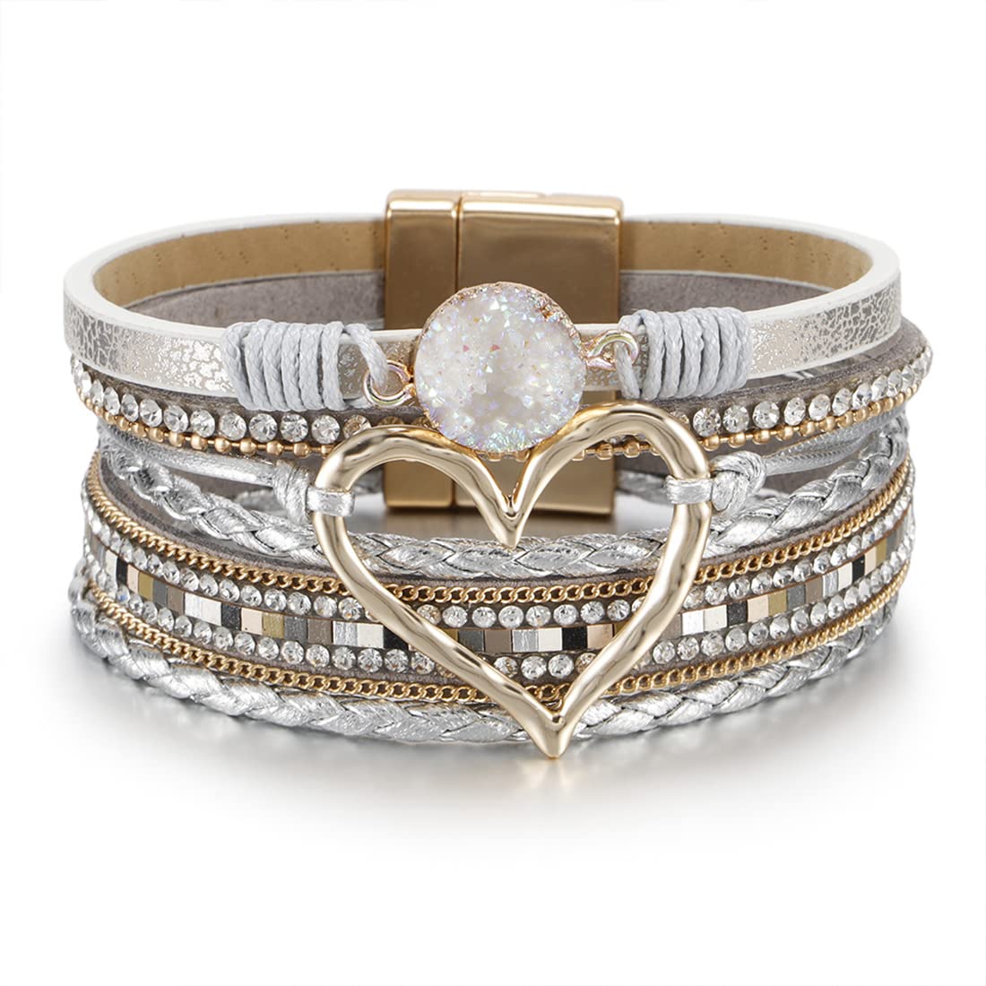 ARHZPulseras Para Mujer Pulseras de Corazón Bohemio Pulseras de Cuero Trenzado en Capas Regalos deJoyería Regalos Personalizados Para Mujer(plata)