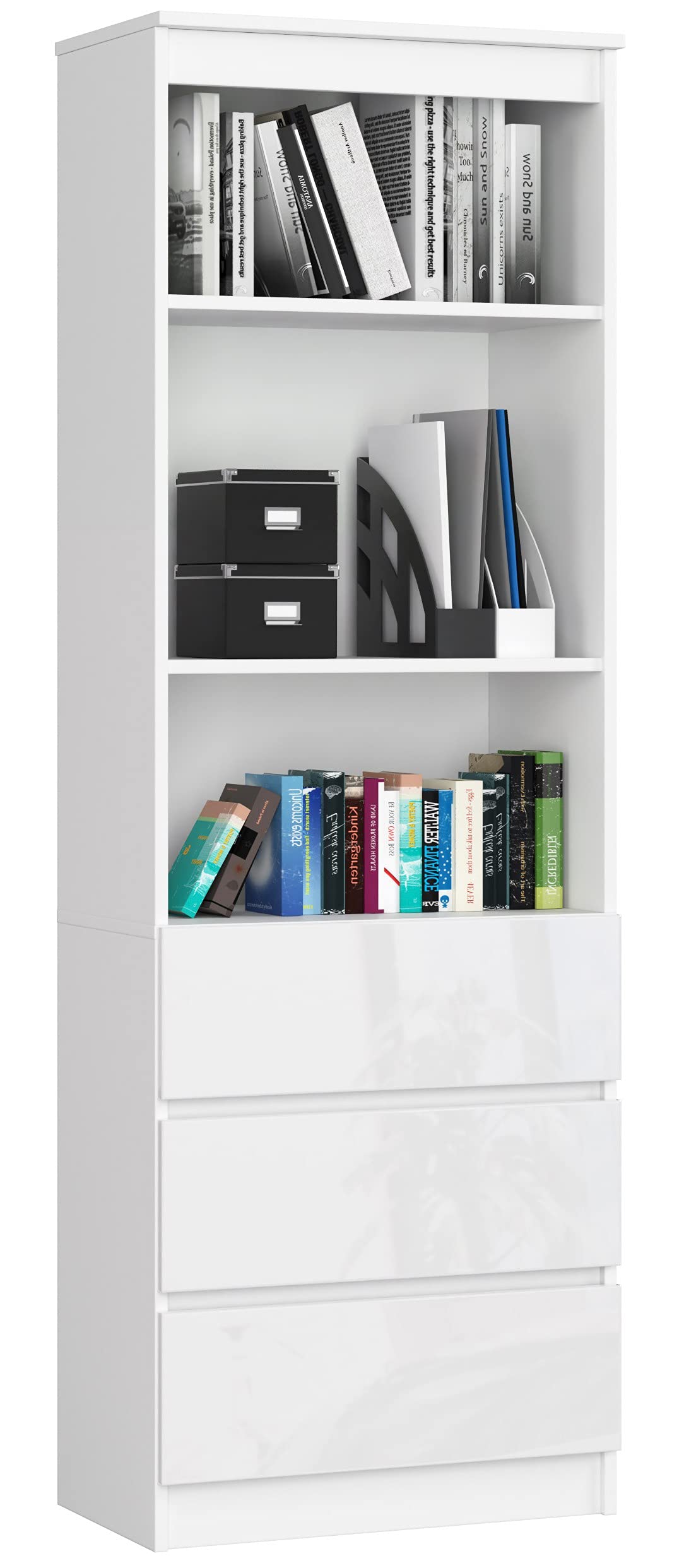 AKORD | Librería CLP 60 cm | Mueble con 3 cajones 3 estantes | Documentos Oficina | Porta Libros | Mueble de Dormitorio | Estante de Sala de Estar | Ahorra Espacio | Blanco | Blanco Brillante