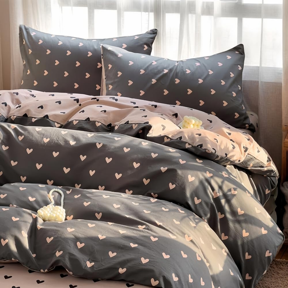 Michorinee Single Duvet Cover Set Pink and Black Heart Print Bedding Kawaii Style Reversible Girls Aesthetic Cute Renforce Microfibre Quilt Cover 135x200 cm with Zipper Closure Pillowcase 50x75 cm - Image 2