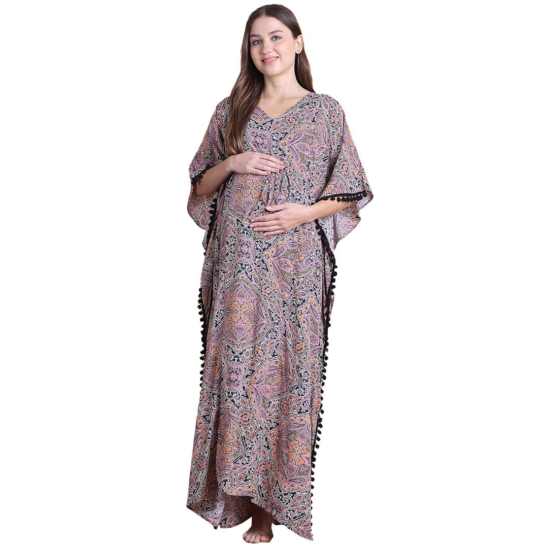 Rayon Maternity Kaftan/Maxi Nighty/Free Size/Feeding/Nursing/Zipper/Drawstring