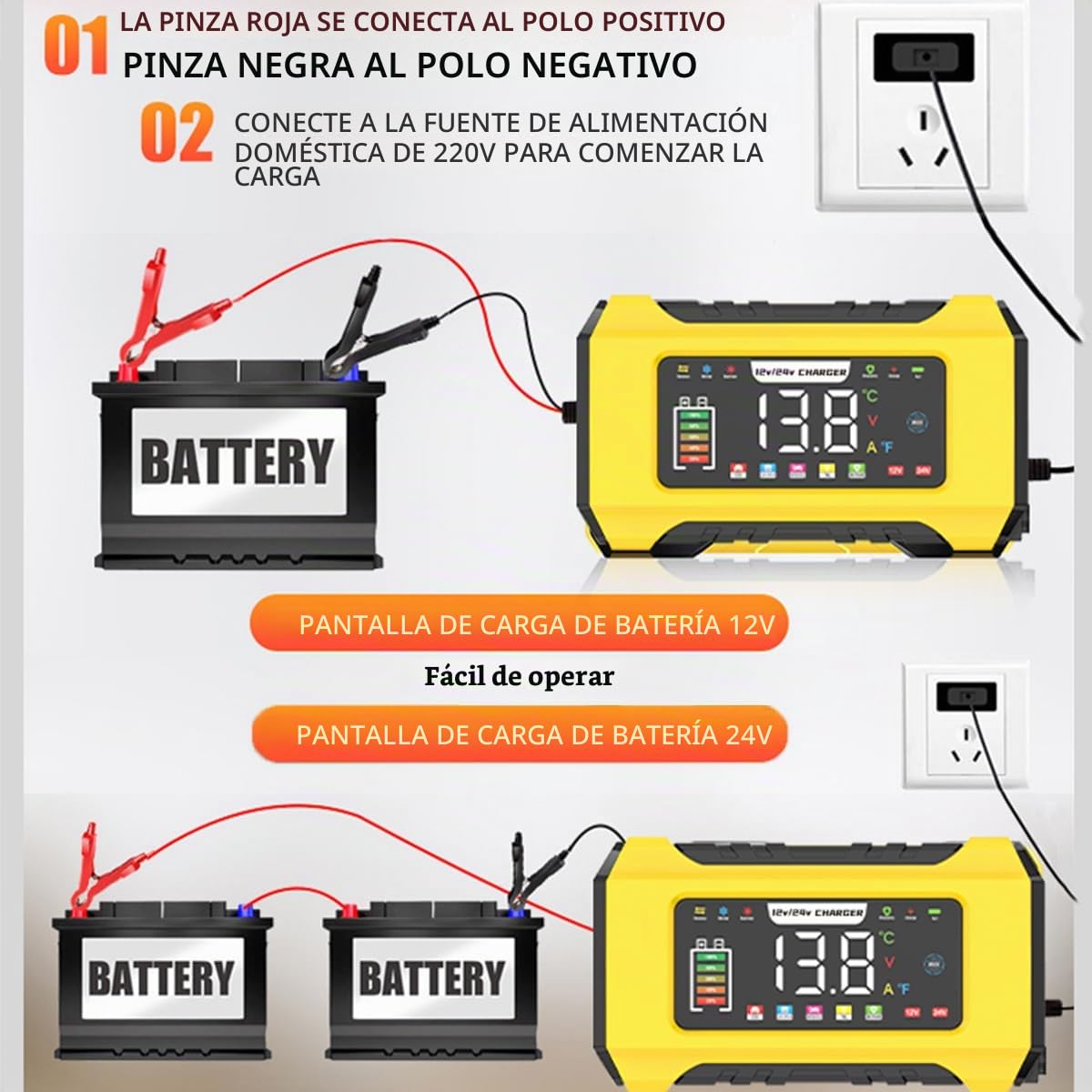 Cargador de batería de coche de 15 A, cargador inteligente automático de 12 V/24 V con compensación de temperatura de pantalla LCD para coche, AGM, gel, húmedo, SLA para baterías de plomo ácido y