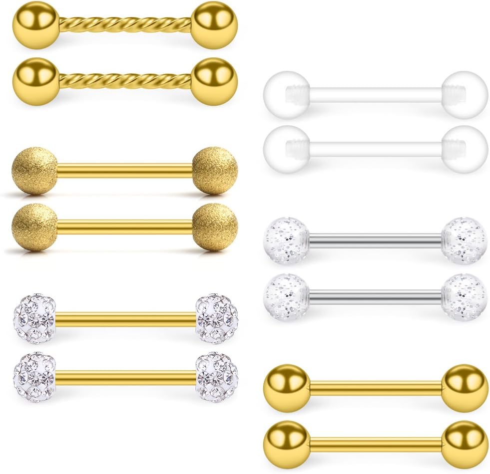 SCERRING 14G Stainless Steel Clear CZ Shield Nipple Ring Tongue Barbell Rings Bars Retainer Body Piercing Jewelry for Women Men 12-18PCS