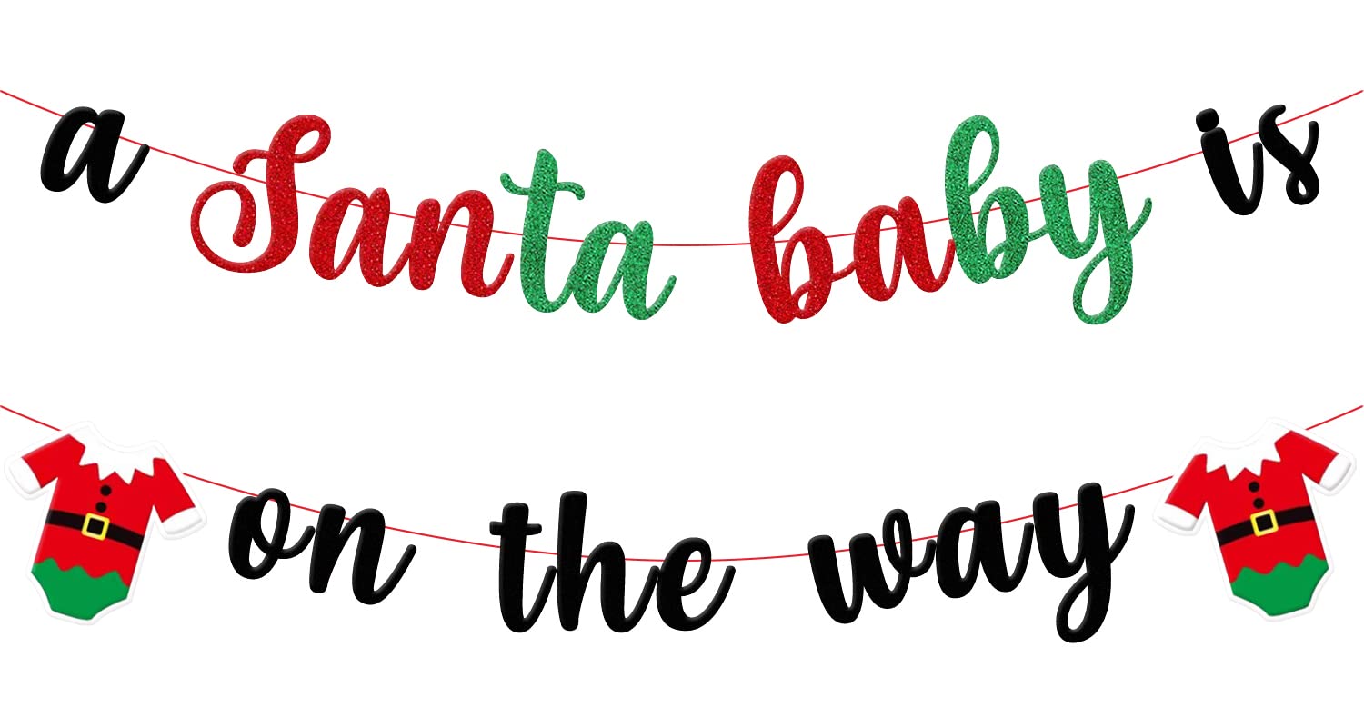 Christmas Santa Baby Shower Decorations, A Santa Baby Is On The Way Banner, Santa Baby Banner Red Green Glitter, Christmas New Year Baby Shower Birthday Party Decorations