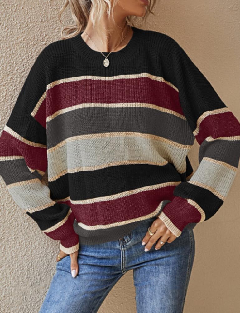 Kinghua Striped Knit Sweater for Women Fall Winter Casual Trendy Crewneck Pullover Color Block Sweaters Y2k Tops - Image 3