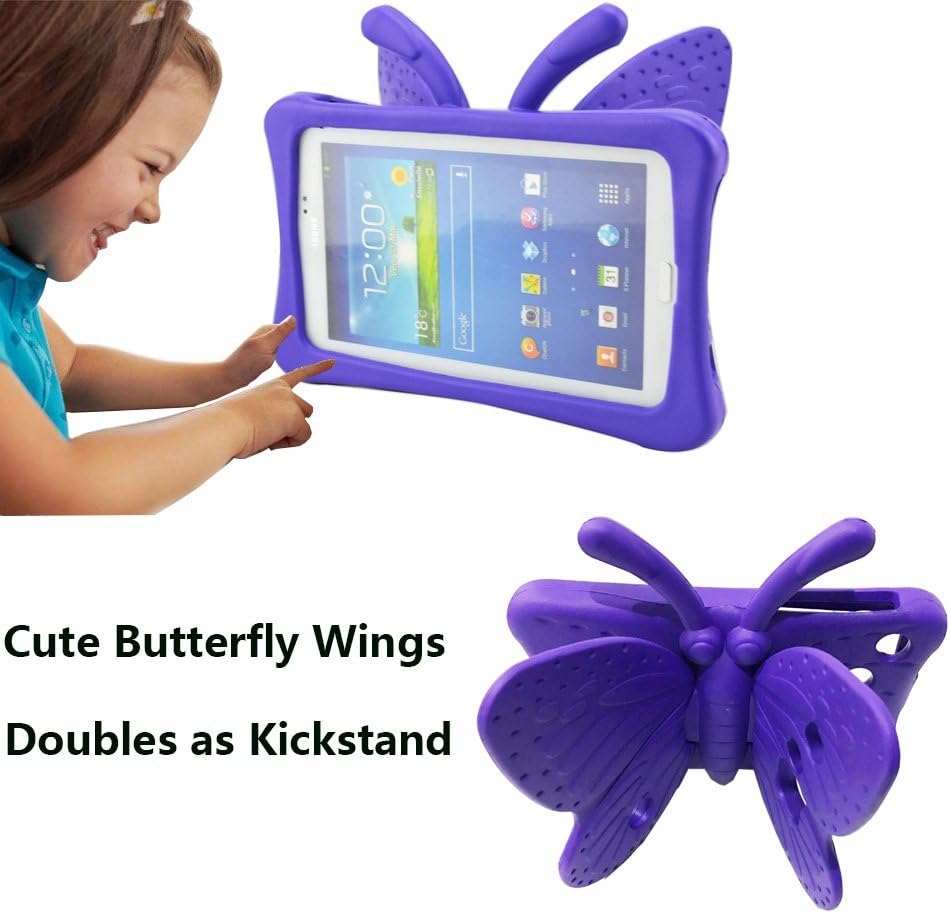 Tading Kids Case for Samsung Galaxy Tab A 7.0, Children Friendly Lightweight and Shockproof EVA Foam Full Protection Stand Cover for SM T280 T285 (Not Fit SM Tab A7 10.4 2020) Cute Butterfly/Purple