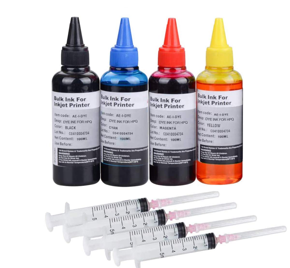 Ink Refill Kit for HP Printer Cartridges HP Ink 952 902 951 950 933 63 62 61 60 901 932 21 22 920 940 934 564 711 970 971 94 95 96,HP Ink Refill Kit (100ml x 4 Bottle) with 4 Syringes