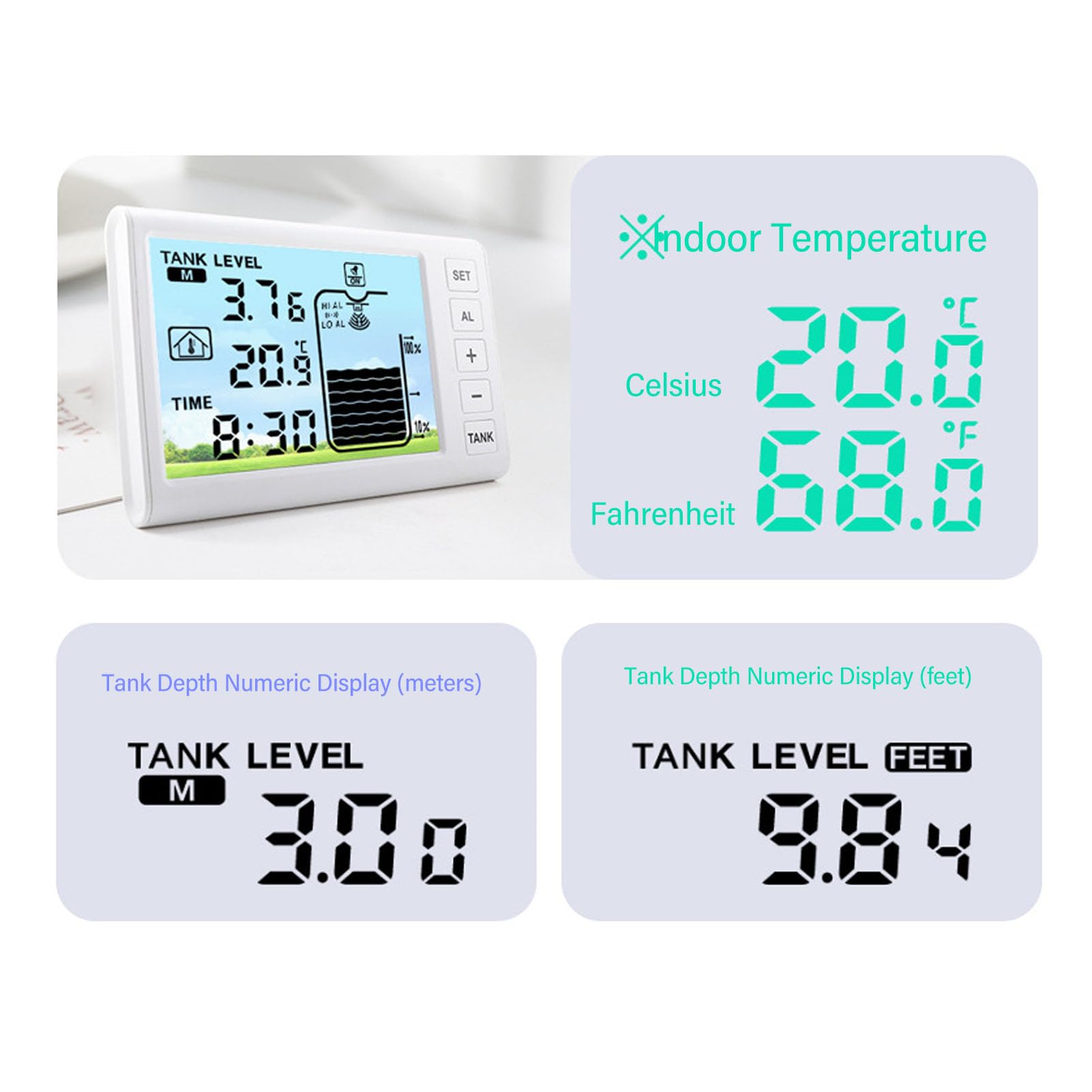 Ultraschall-Tiefenmessgerät und Füllstandssensor-Sender mit Temperatur-Digitalanzeige Tiefenmesser