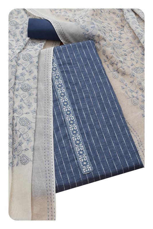 Womens Navy Blue Cotton Blend Woven Design Unstitch Dress Material With Thread Work-image-11