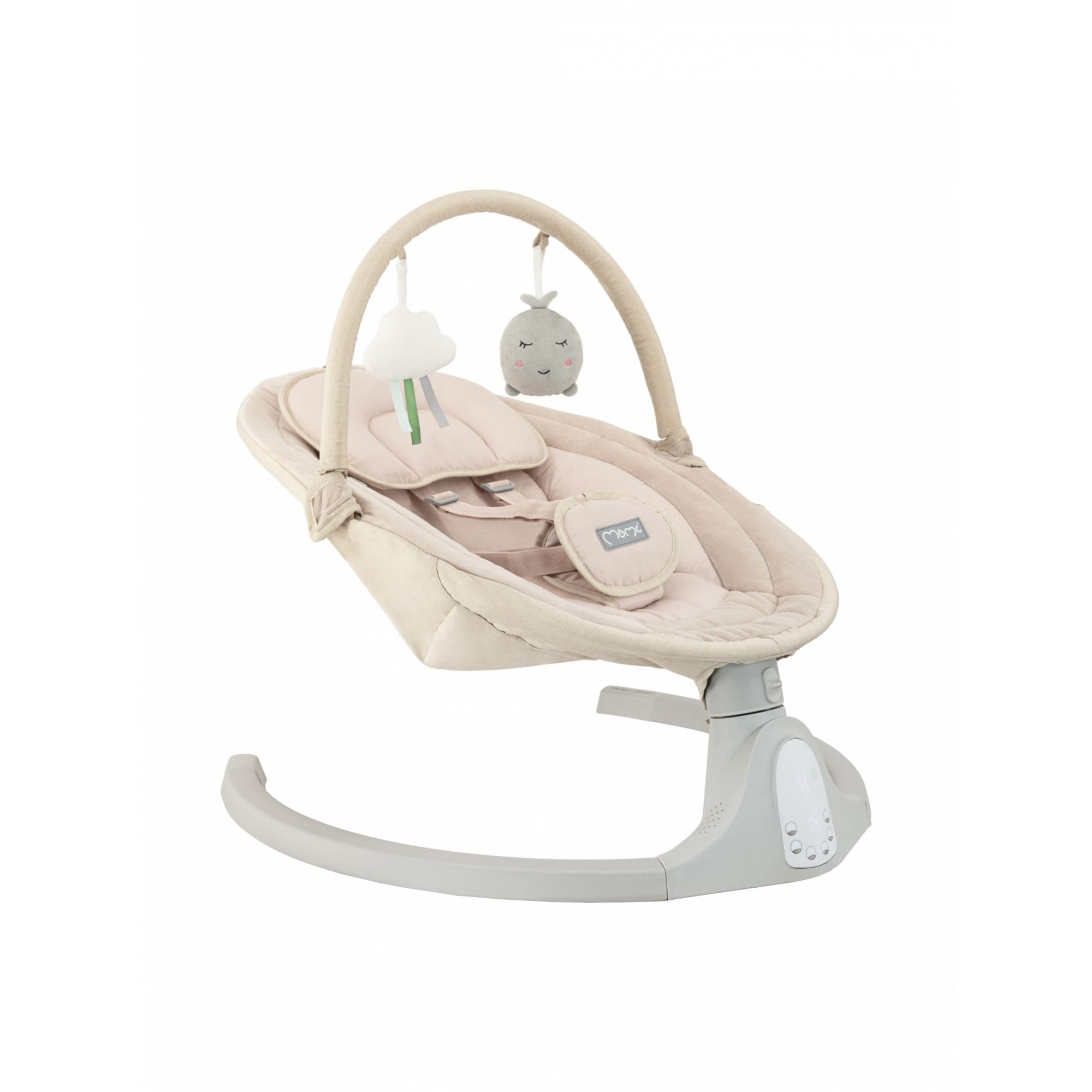 MoMi KENANI SAND Huśtawka do 9 kg, wyświetlacz LED, pilot zdalnego sterowania, Bluetooth do smartfona, zasilanie bateryjne/sieciowe, 5-punktowe szelki bezpieczeństwa, łuk i zabawki