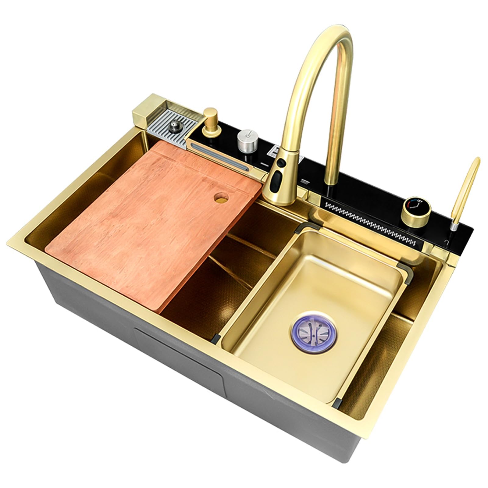 ZQFHSX Gold Waterfall Kitchen Sink With Multifunctional Faucet, Cup Washer, Drain Knob And Kits, Large Workstation Sink, Single Bowl Bar Farmhouse For Top Mount(Gold,75x46x22cm)