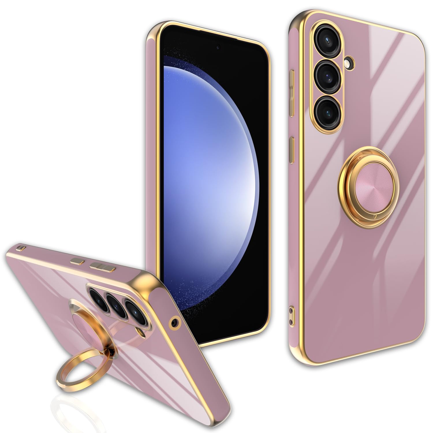 Dahkoiz for Samsung Galaxy S23 FE Case, Multi-Function Finger Ring Stand, Upgrade Camera Protection, Plating Gold Edge Slim Cover Phone Case for Samsung Galaxy S23 FE 5G, Purple