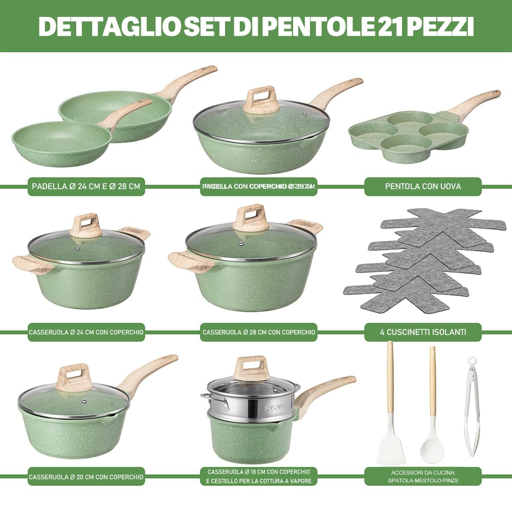 BAKAJI Batteria di Pentole e Padelle 21 Pezzi a Induzione e Gas, Set Adatto a Tutti i Piani Cottura, Antiaderente in Alluminio Pressofuso ed Effetto in Granito con Coperchio e Accessori (Verde)