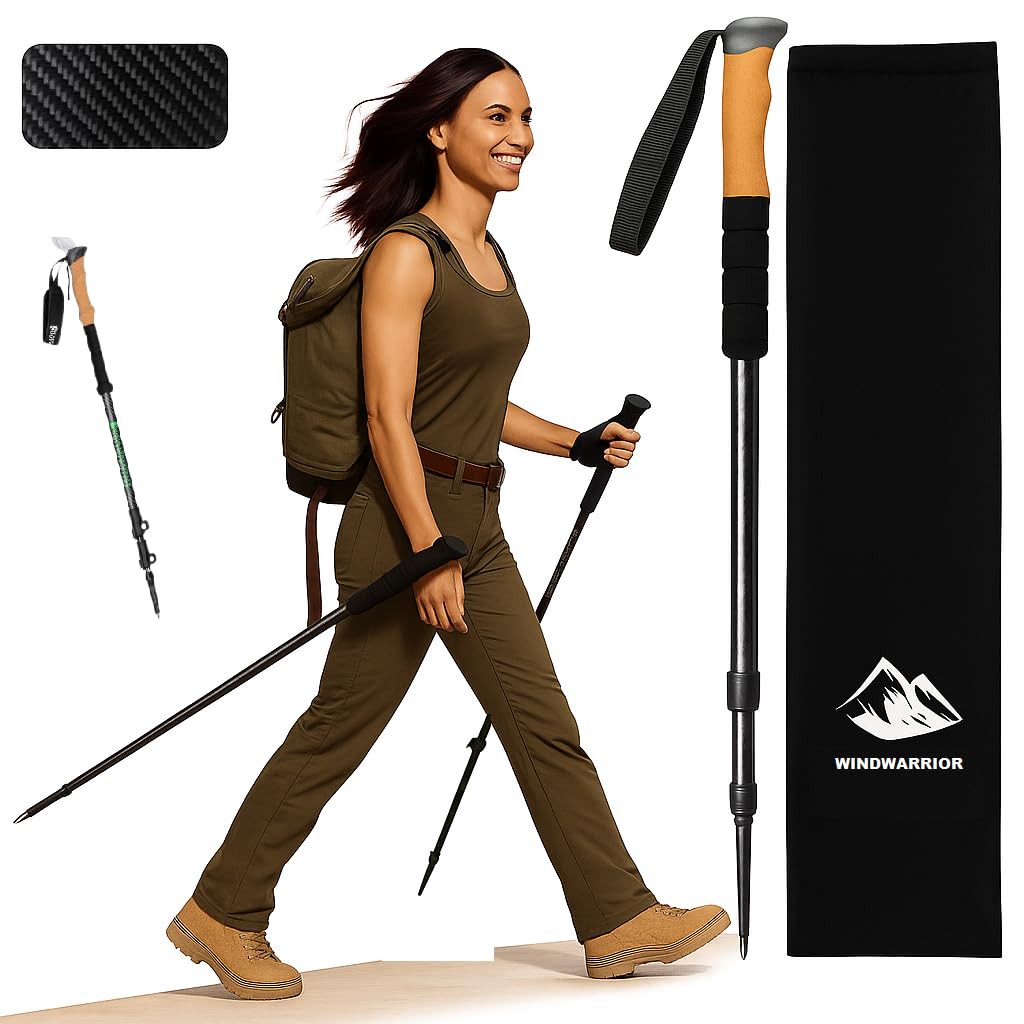 WindWarrior Carbon Pro Trekking Poles – Ultra-Light, Durable, Adjustable Hiking Poles for Men & Women – Telescopic Walking Sticks – Includes Travel Bag & Accessories (Pack of 1)