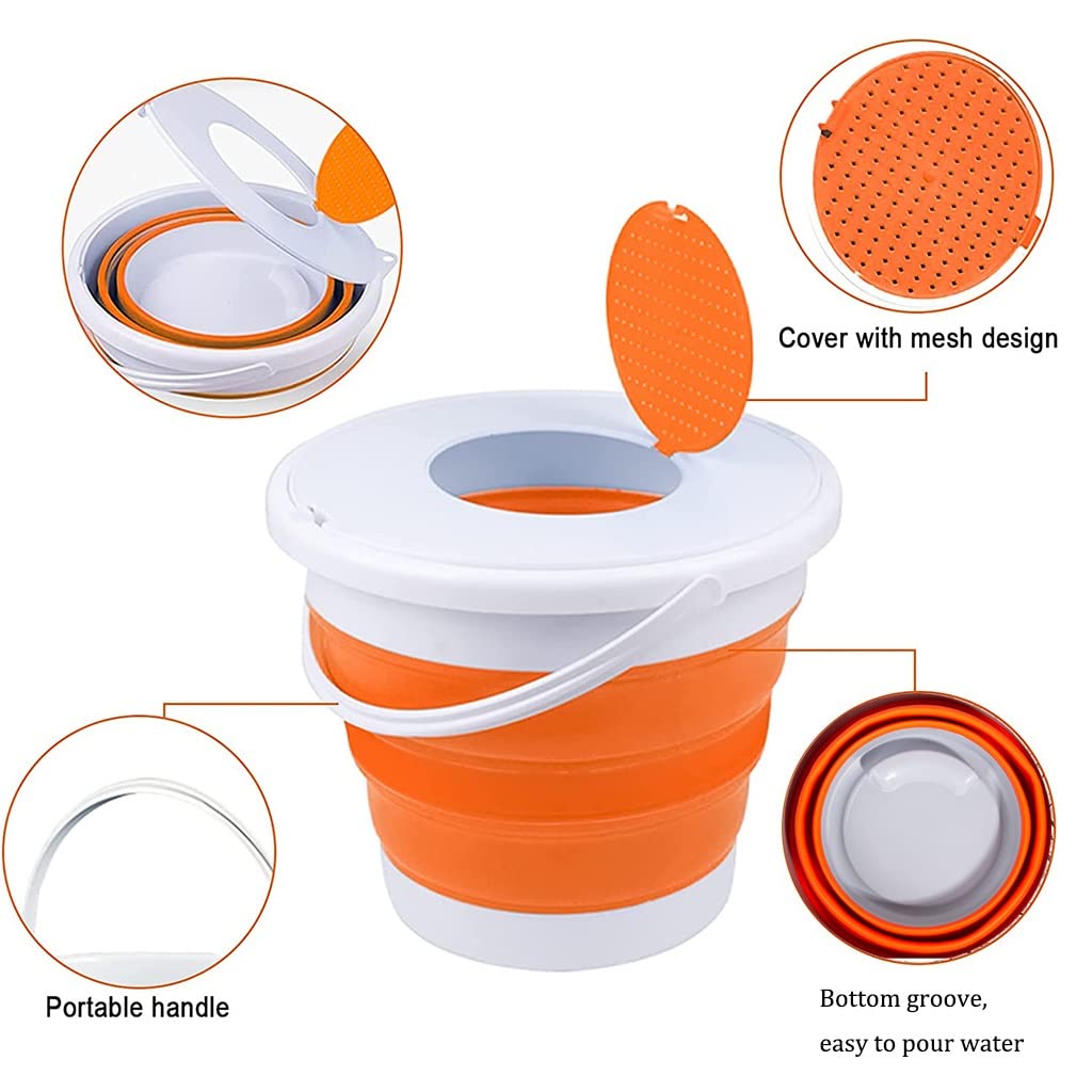 DUNAKE Faltbarer Eimer Mit Deckel, Putzeimer Camping Faltbare Silikon Eimer, Faltbare Runde Wanne, Zusammenklappbarer Spüleimer, Tragbarer Wassereimer Für Angeln (Color : Orange, Size : 5L)