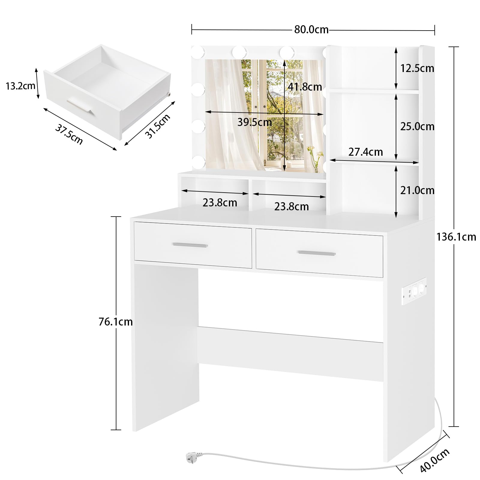 Usikey Tocador de Maquillaje Con Iluminación LED y Enchufe, Mesa Con Espejo, 2 Cajones y 2 Estantes, Estilo Moderno, Vanity Para Dormitorio, Blanco