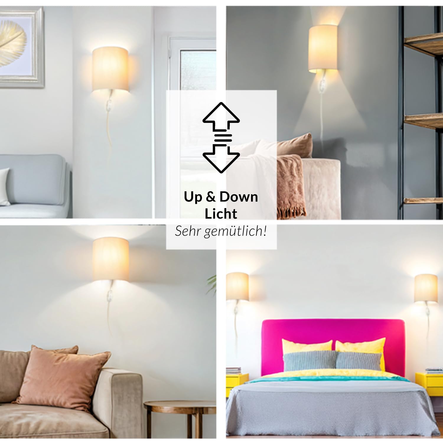 Licht-Erlebnisse Wandlampe mit Schalter und Stecker, Lampe Wand Innen, Wandleuchte Schlafzimmer, Creme, Stoff, B:20 cm, Up Down, indirekt, wohnlich, blendarm, Wandlampe Modern