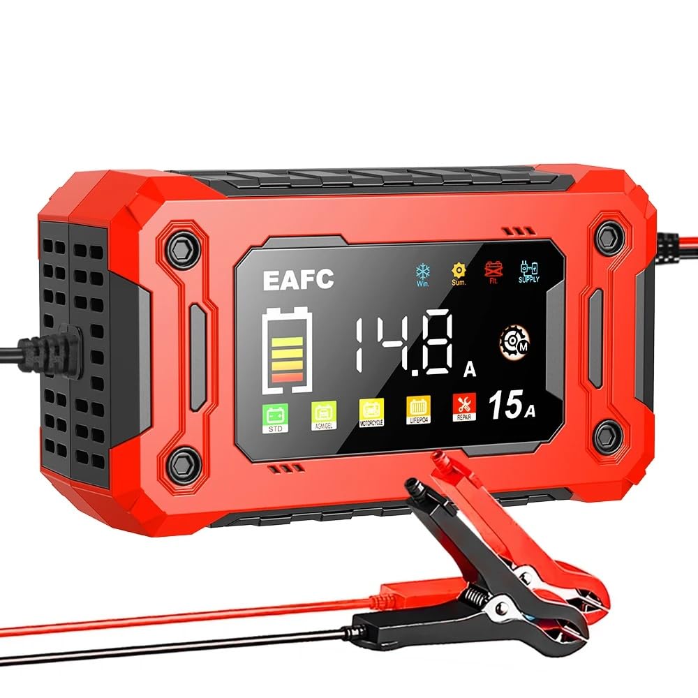 Cargador de batería Inteligente para Coche de 12 V 15 A, 4Ah-300Ah, con reparación por pulsos, Arranque automático, Cargador rápido para baterías de Plomo-ácido para Motocicletas y Camiones.