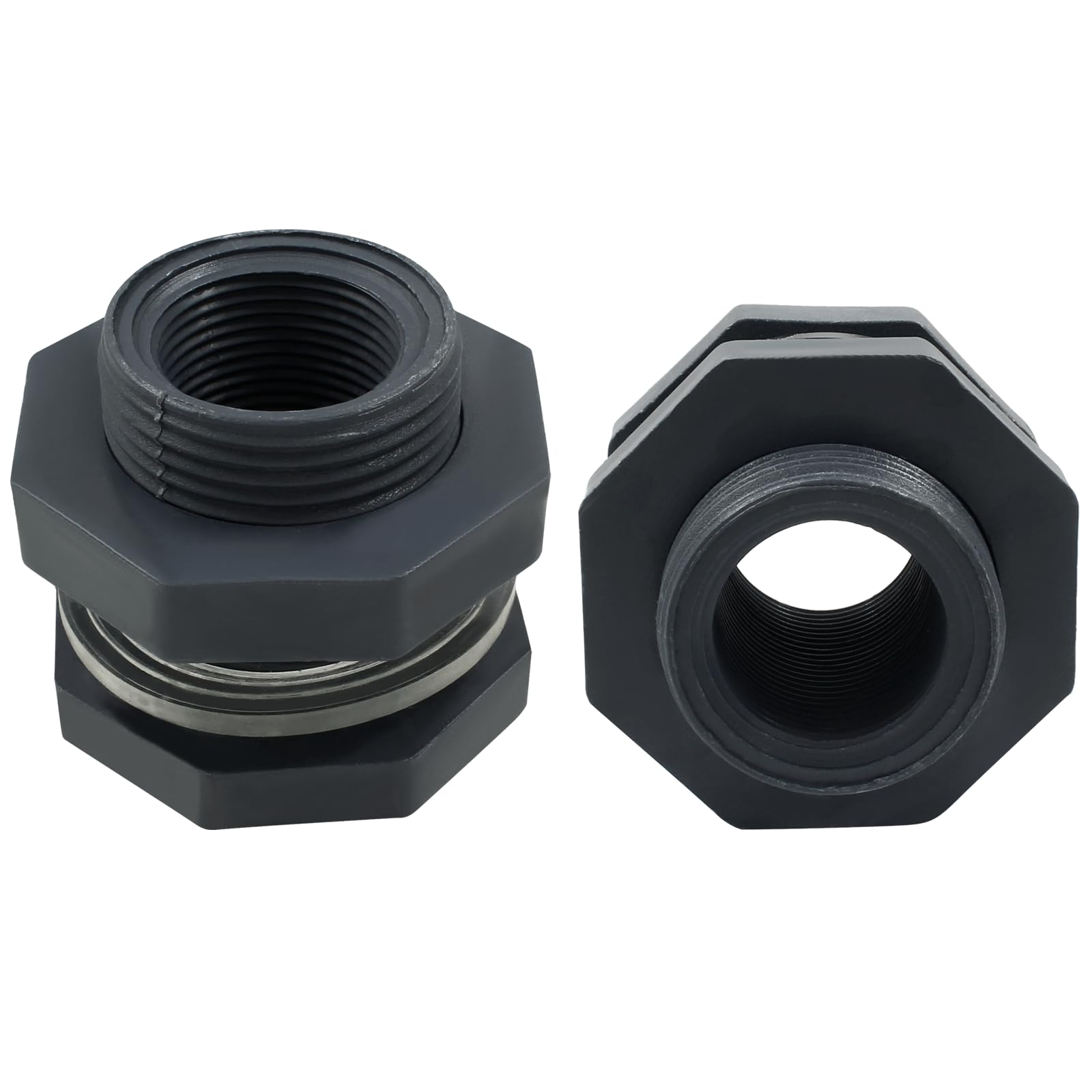 Suiwotin 2pcs NPT3/4 PVC Bulkhead Fitting, 3/4 Inch Plastic Water Tank Connector Threaded Thru-Bulk Pipe Fittings for Rain Barrels, Aquariums, Bucket