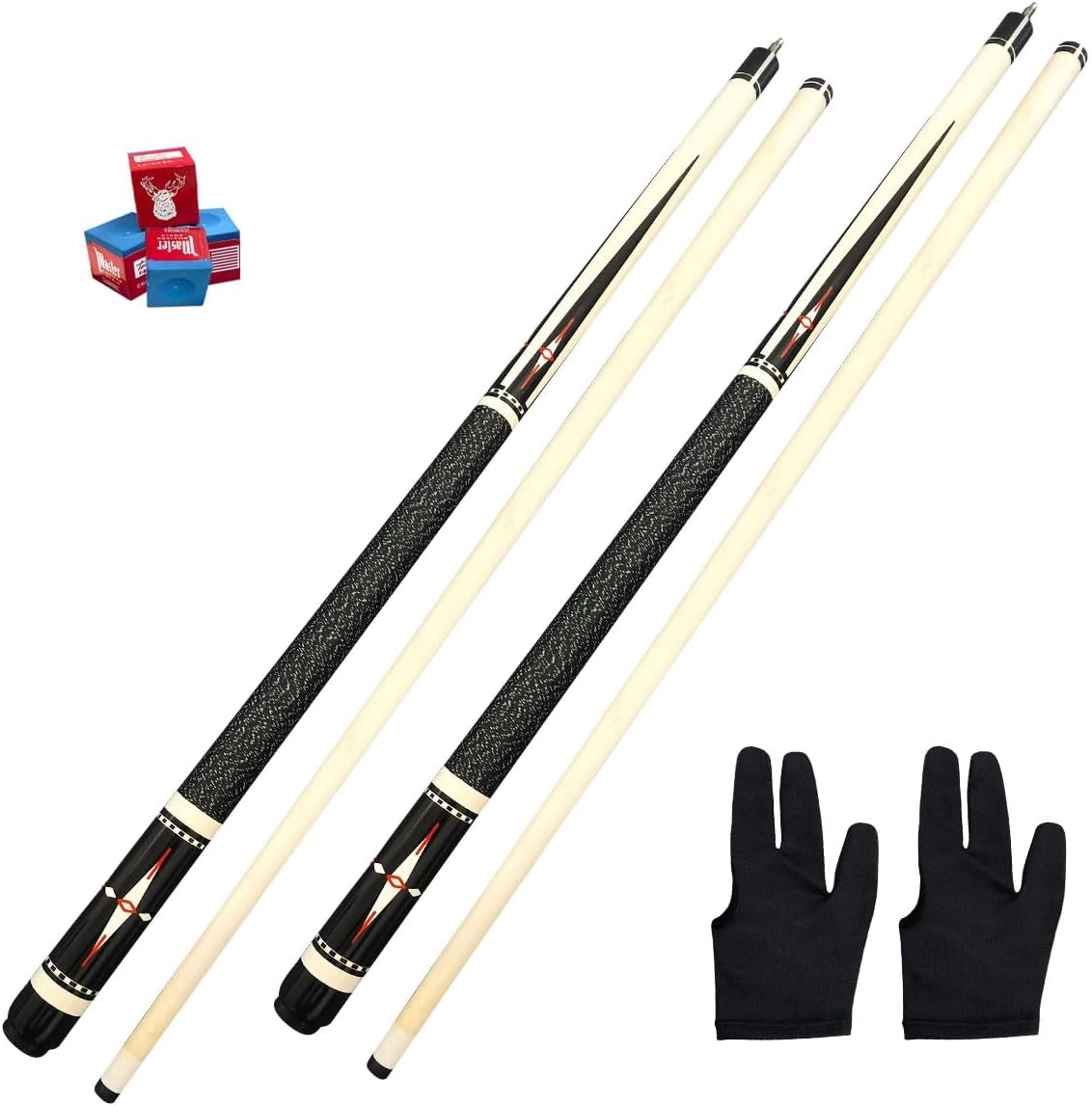 2Pcs Billiard Pool Cue Sticks Set with Wrap 4 Pool Chalks 2 Gloves