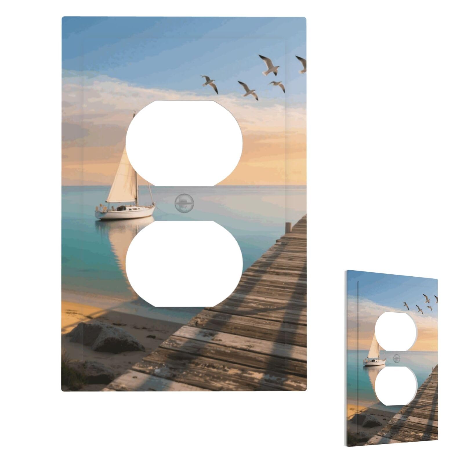 Fekiloot Duplex Beach Sailboat Seascape Wall Plate Cover Modern Decorative 1 Gang Light Switch Cover Unbreakable Receptacle Outlet Covers For Living Room Bedroom Home Decor