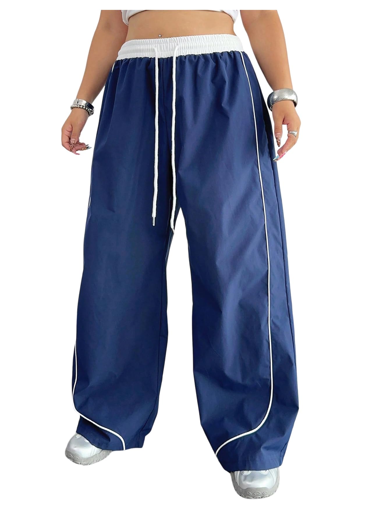 Verdusa Womens Plus Size Wide Leg Pants Drawstring High Waisted Contrast Binding Baggy Trousers