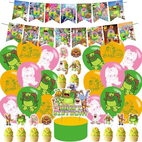 karg Singing Monsters Birthday Decorations Singing Monsters Party Supplies Include Happy Birthday Banner Cake Topper and Cupcake Toppers Balloons for Kids Party Decor