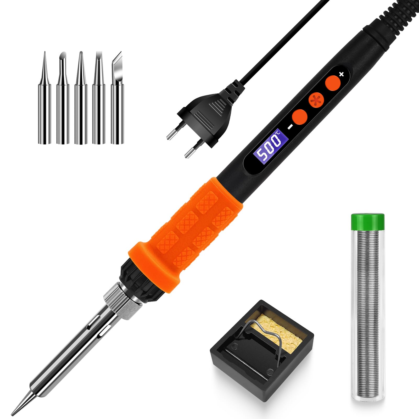 Lötkolben-Set mit LCD-Anzeige, 100W LED-Display einstellbare Temperatur, Lötkolben mit automatischem Schlafmodus, Lötpistole mit 5 Lötspitzen, Lötzinn, Ständer, Schweißwerkzeug Blau