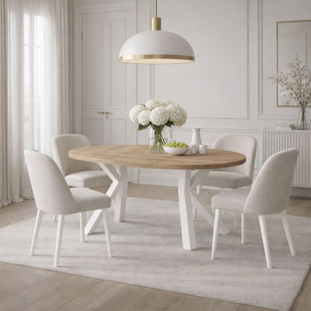 Runder Ausziehbarer Tisch für Esszimmer RAL mit Holzbeinen, Skandinavischer Stil, Durchmesser Varianten von : 90 bis 220 cm (Eiche Craft Gold, 110/160 cm)