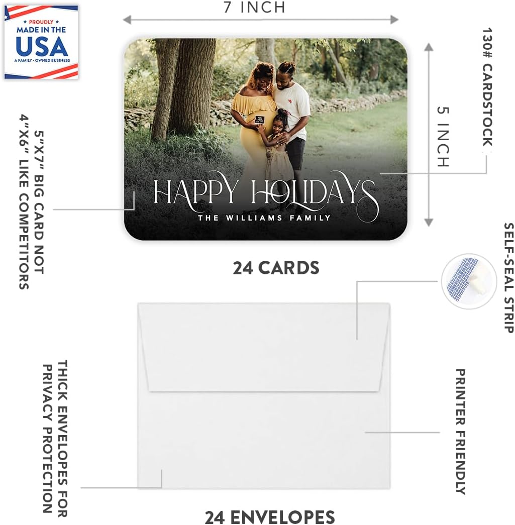 Andaz Press Personalized Christmas Cards with Envelopes, Photo Custom Holiday Cards with White Happy Holidays Font, 5x7 Inch Thick Cardstock Bulk Boxed Greeting for Family, Business Clients, 24-Pack