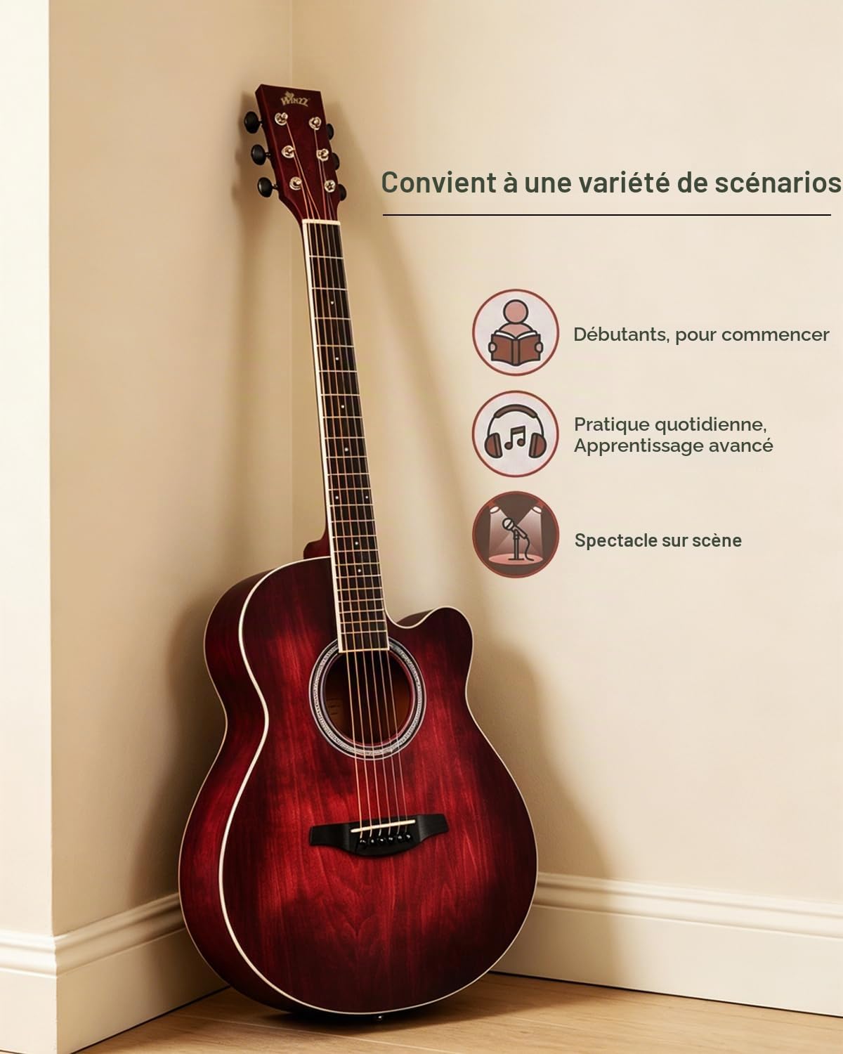 Winzz Guitare Acoustique Adulte, Guitare Folk Débutant, Guitare Country et Folk (Rouge, Cordes d'Acier, 40 Pouces)