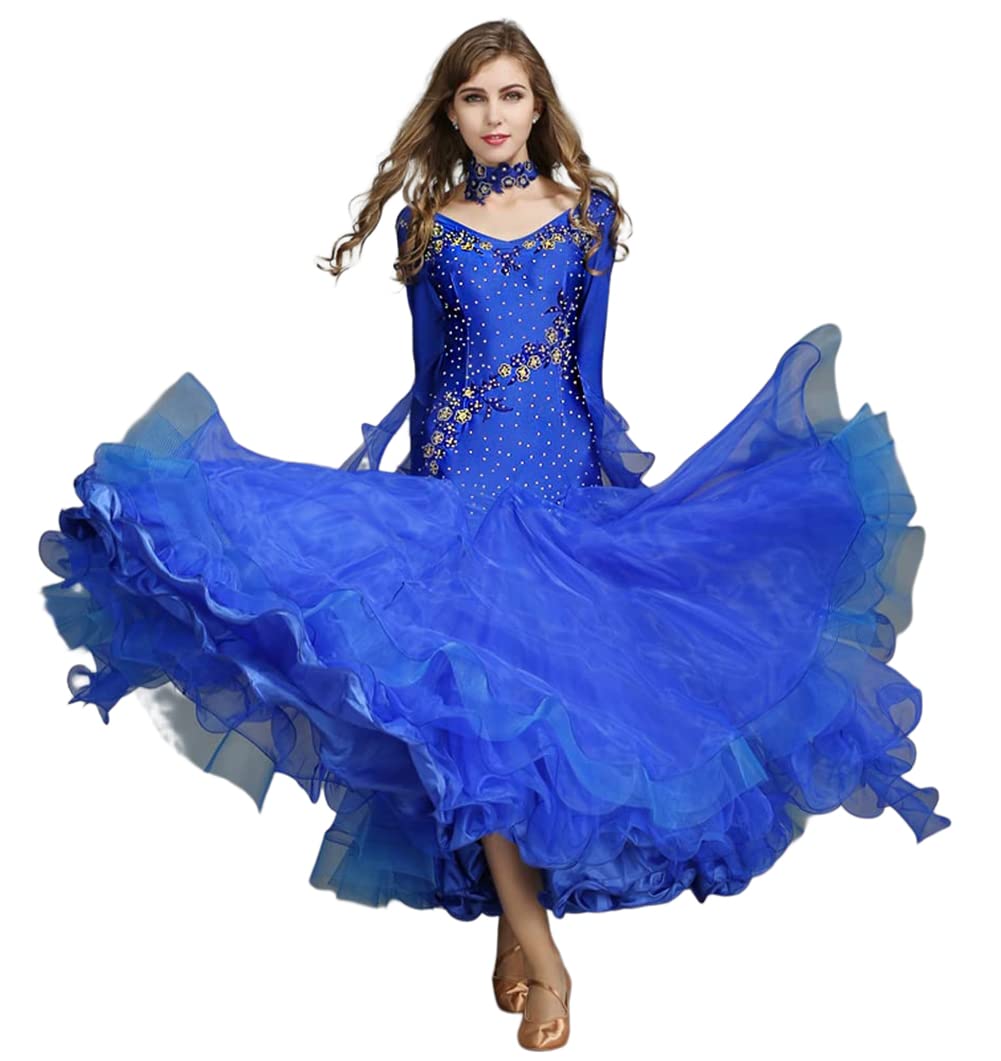 Damskie sukienki tańca towarzyskiego, wykwintne hafty diamentowe Foxtrot Waltz konkursowa sukienka, taniec nowoczesny z długim rękawem Prom Performance Dance Dress