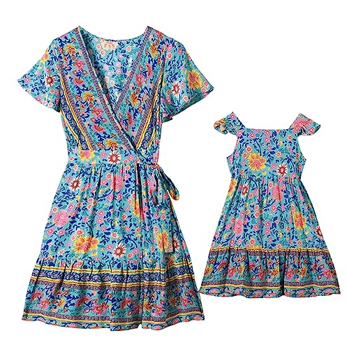PopReal Mommy and Me Dresses Boho Casual Maxi Dress Summer Short Dress V Neck Wrap Floral Print Short Sleeve