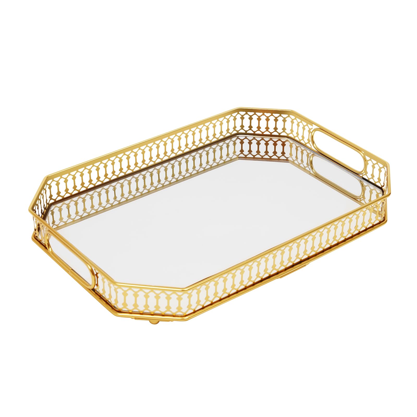 Bandeja decorativa dorada para servir, 35 x 25 x 5 cm, bandeja de cristal dorada con patas esféricas, para tocador, tocador, cuarto de baño