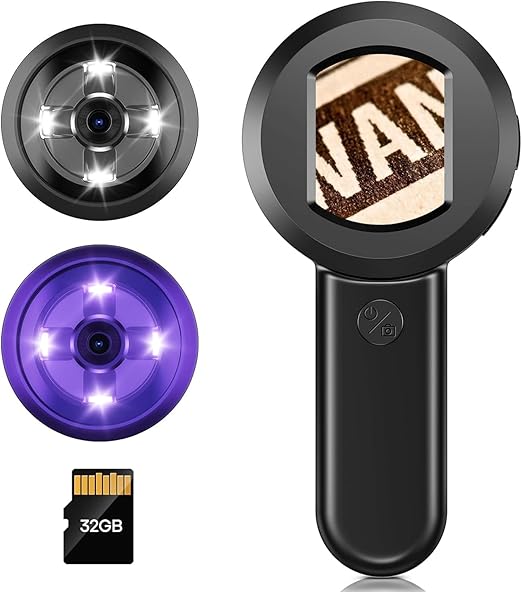 100X Magnifying Glass for Reading, Digital Magnifier with 2inch Screen, Coin Magnifier with White/Purple Lights, Compatible with Windows/Mac, Include 32GB Card