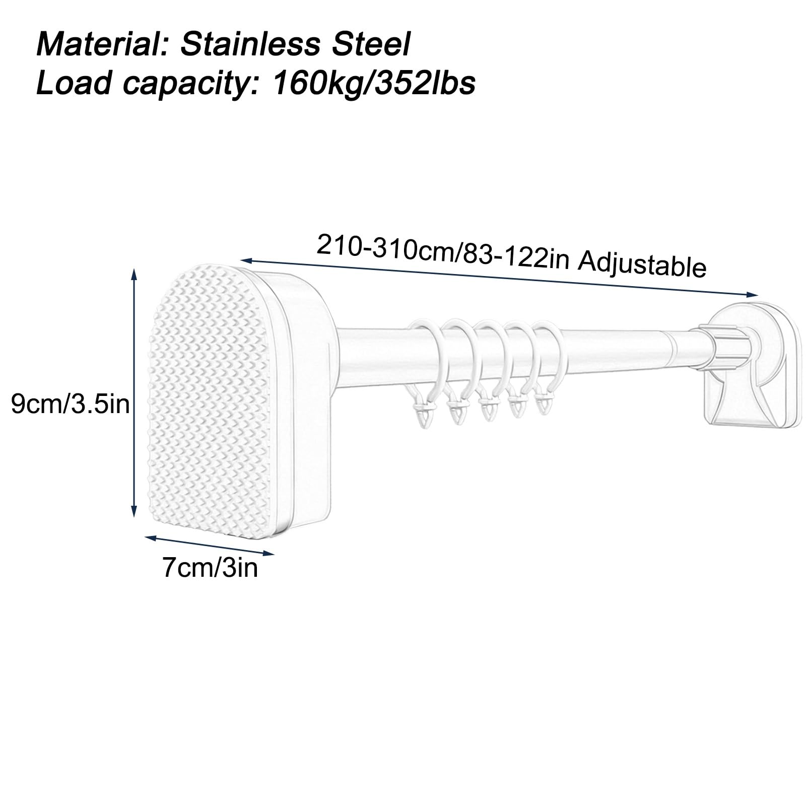 Bastone Tenda Doccia con 20 Anelli, da 50 a 520 cm, Bastone Tenda a Pressione in Acciaio Inox Antiruggine, Non Necessita di Foratura, Adatta a Finestre e Armadi(Black,210-310cm/83-122in)