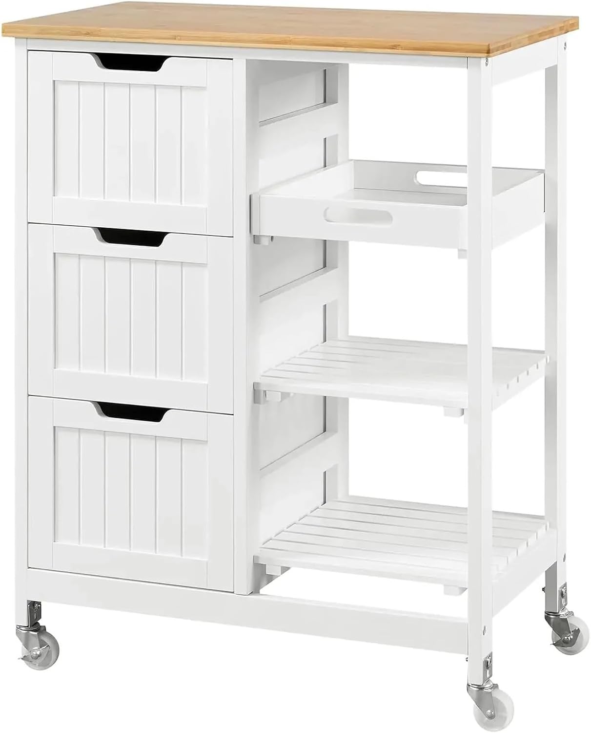 Storage Trolley Kitchen Island Cart On Wheels with Storage Rolling Bar with Solid Wood Top and Drawers 3 Removable Shelves Shelving Organizer(White)