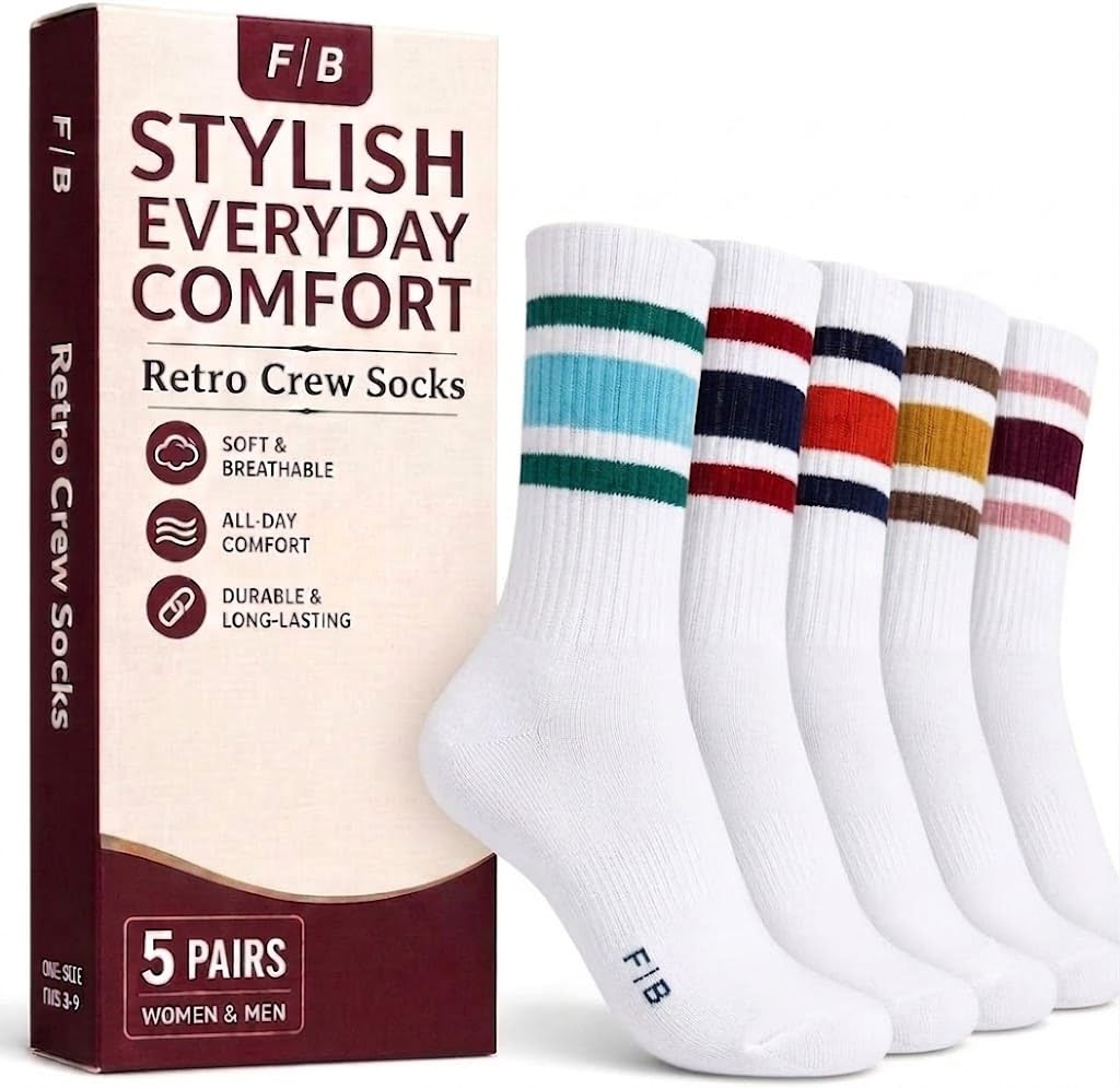 F|B Striped Retro Crew Socks for Women and Men - Pair of 5 Triple Striped Socks with Terry Cushioned Sole
