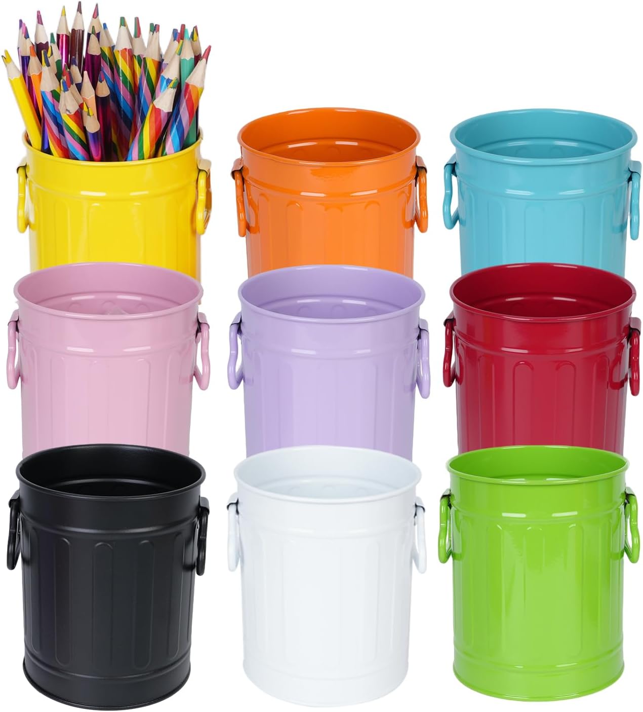 9 Pack Metal Pen Holders, Colorful Desktop Pencil Cups, Mini Pencil Bucket with Handle, Makeup Brush Storage Organizers, Crayon Organizer for Classroom Office Home School Crafts
