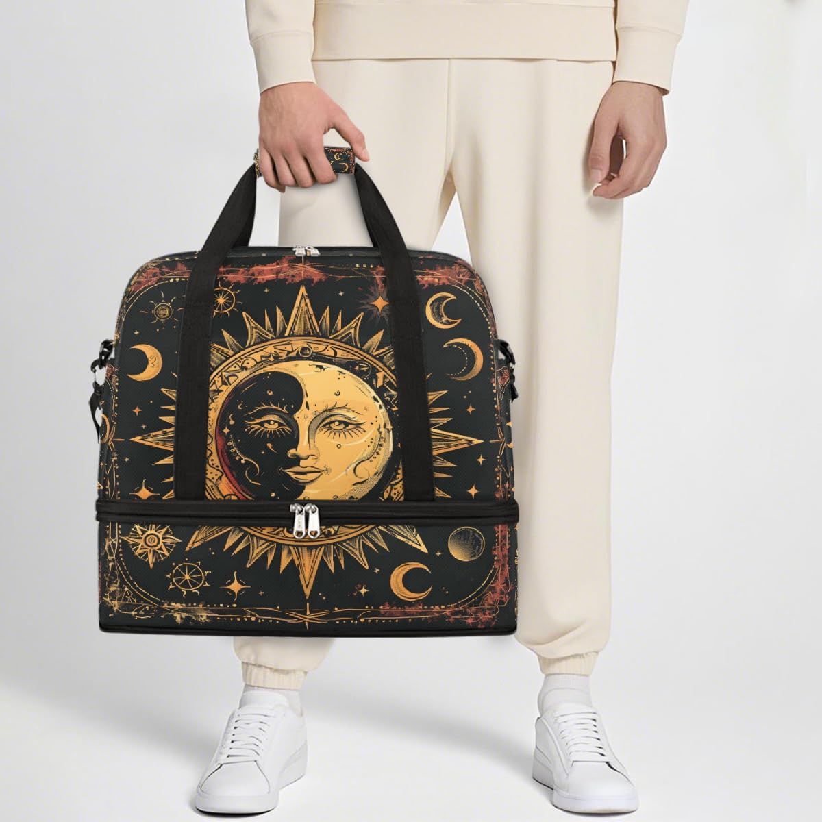 Ethnic Retro Sun Moon Large Weekender Bag with Shoe Compartment Travel Duffel Bags for Women Carry On Hospital Overnight Bag Foldable Personal Item Travel Bags Tote Gym Sports Airplanes