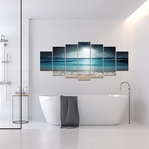 Miniatura 5 de iKNOW FOTO 7 paneles de varios colores, impresiones modernas, arte de pared de paisaje marino azul del océano, paisaje de playa impreso en lienzo