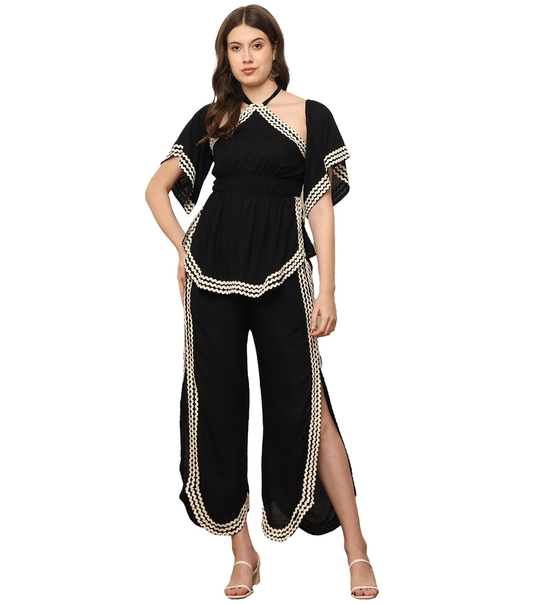 Women's Solid Rayon Calf Length Top with Trouser|Halter Neck|Short Sleeve|Cord Set for Women Fashion|Jumpsuits Western Dress for Women Stylish|Two Piece Co ord Set|Party Casual Wear(Black)