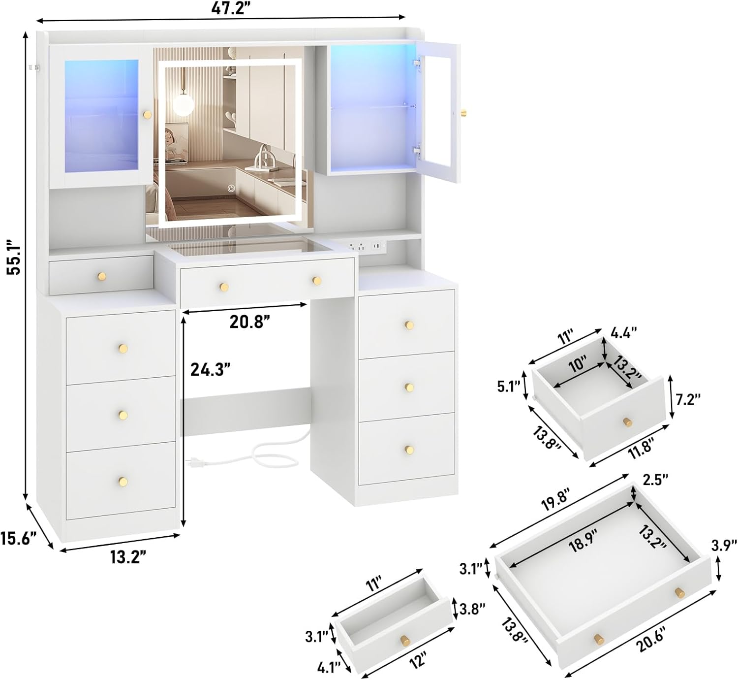 Detailed dimensions of the vanity desk and its drawers