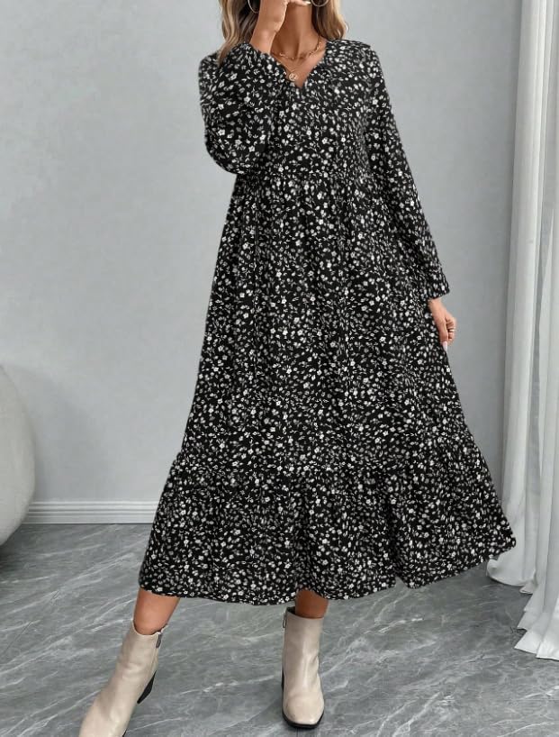 Women's Autumn Long-Sleeved Round-Neck Pleated Floral Dress a Casual and Flowing Long Dress - Image 5