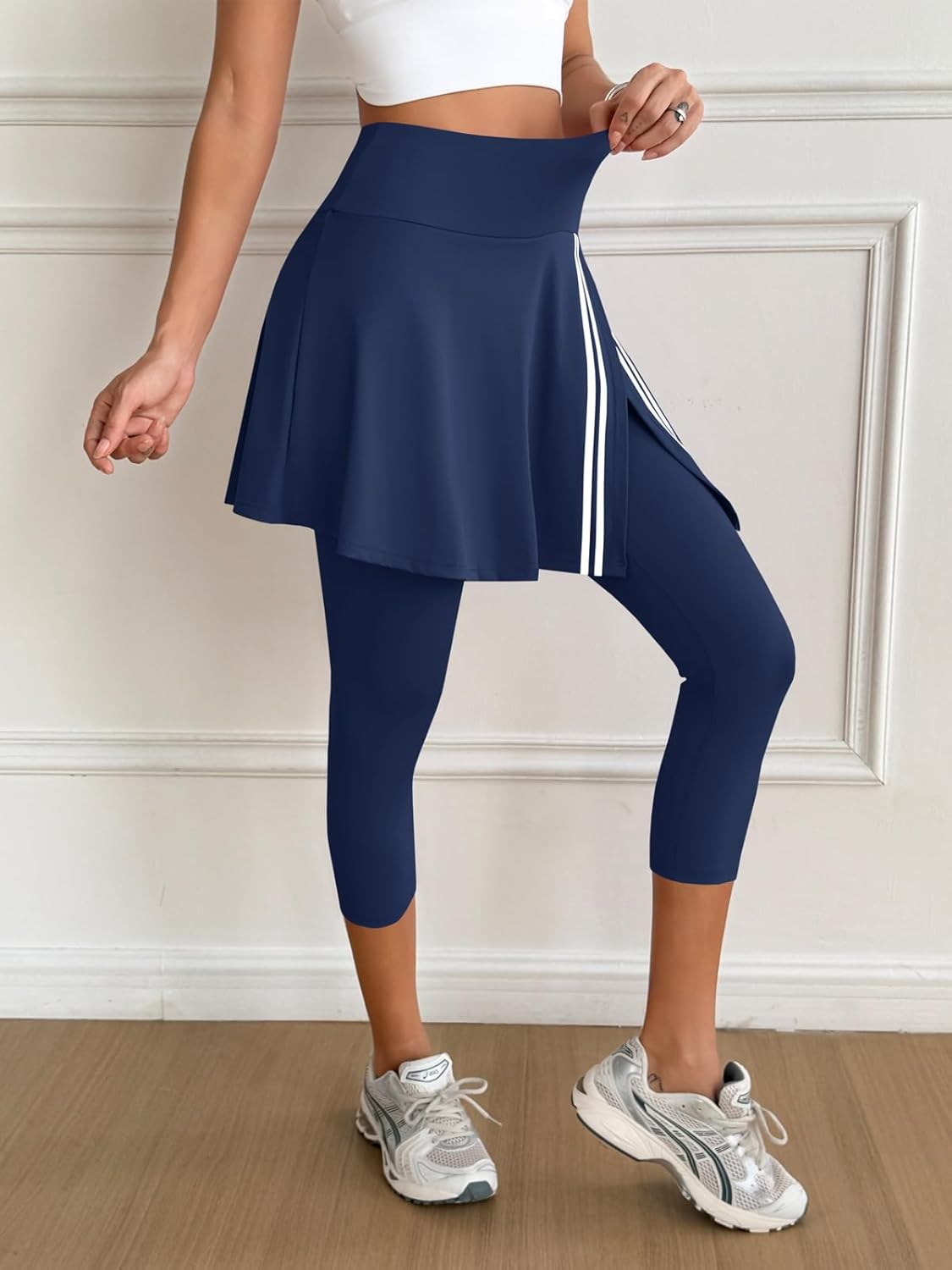 Fisoew Women's Tennis Golf Skirt with Capris Leggings Pockets Wrap Contrast Colors Gym Athletic Skorts - Image 4