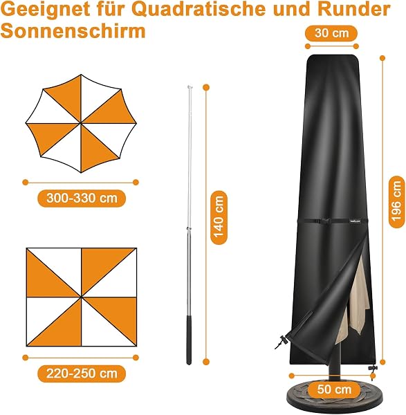 Tavaler Sonnenschirm Schutzhülle 2 bis 3 M, Sonnenschirmhülle mit Stab, 420D Oxford Gewebe Sonnenschirm Abdeckung Wetterfeste, UV-Beständiges, Winddicht und Schneesicher (196x30/50 cm) - 2