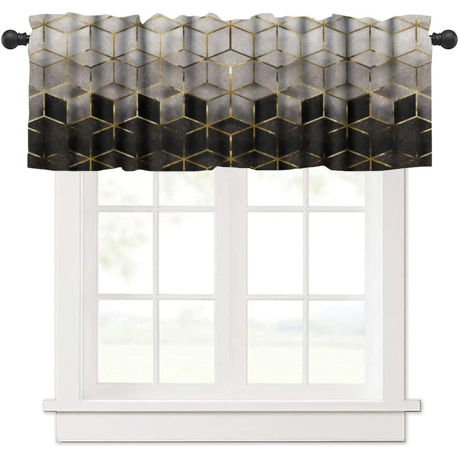 Yearn Jear Geometric Marble Window Valance Curtains,Black Gold Modern Luxury Abstract Textured Short Curtain for Kitchen Living Room Bathroom Windows,