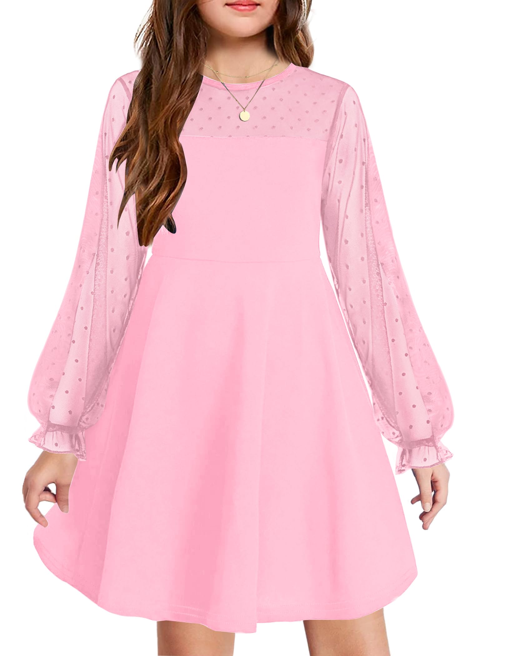 Arshiner Girl's Contrast Mesh Puff Long Sleeve High Waist A Line Short Dress with Pockets for 6-13 Years