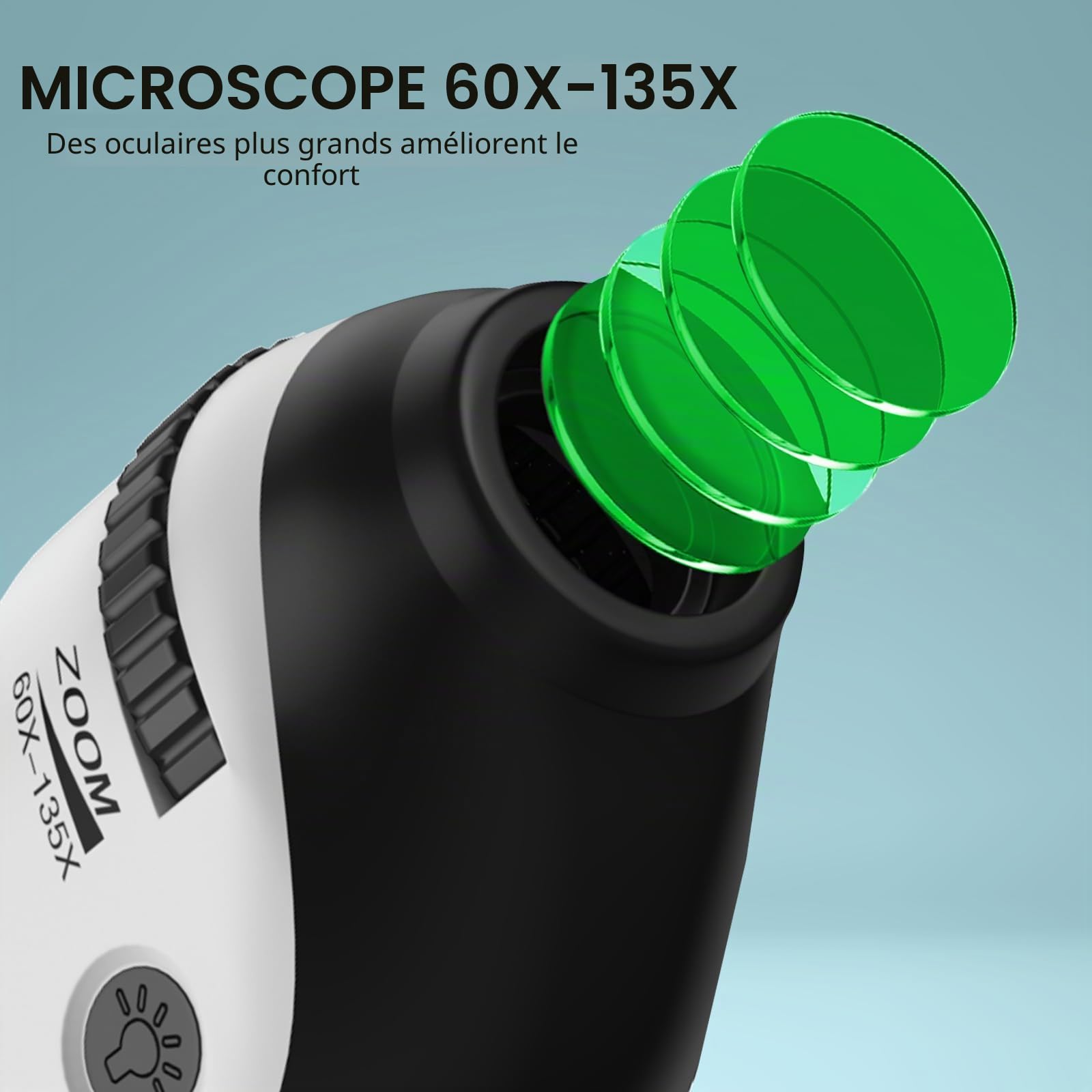 60-135X Mini Microscope Portable pour Enfants,Microscope de Poche Lumineux avec 5 Lames Preparees pour Plante Trichomes